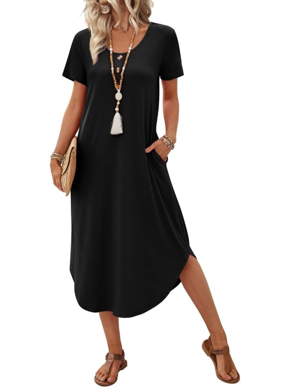 Women's Black Casual Maxi Dresses Beach Vacation Outfits With Pockets T Shirt
